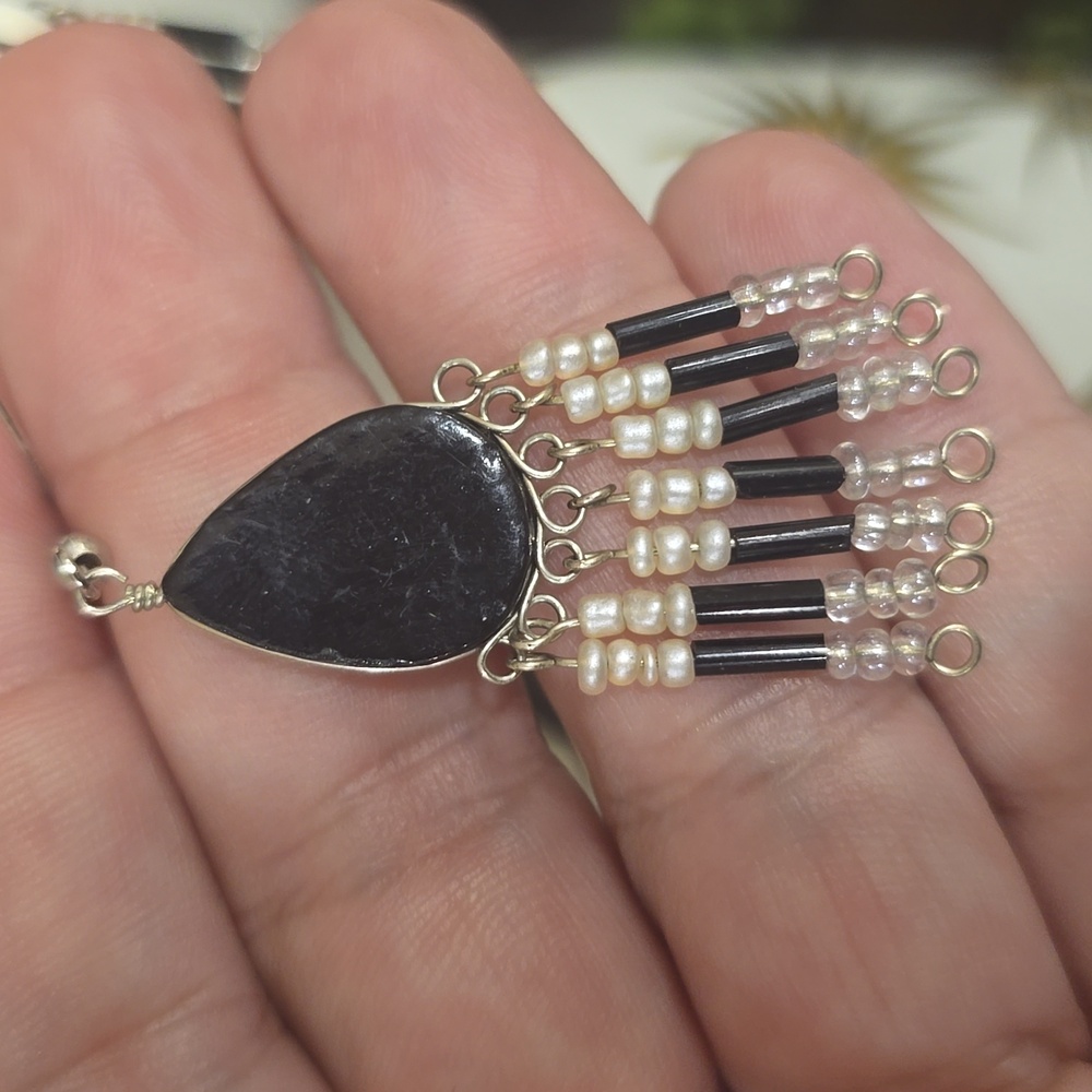 Southwestern Black And White Native American Beaded Fringe Earrings - Picture 4 of 4